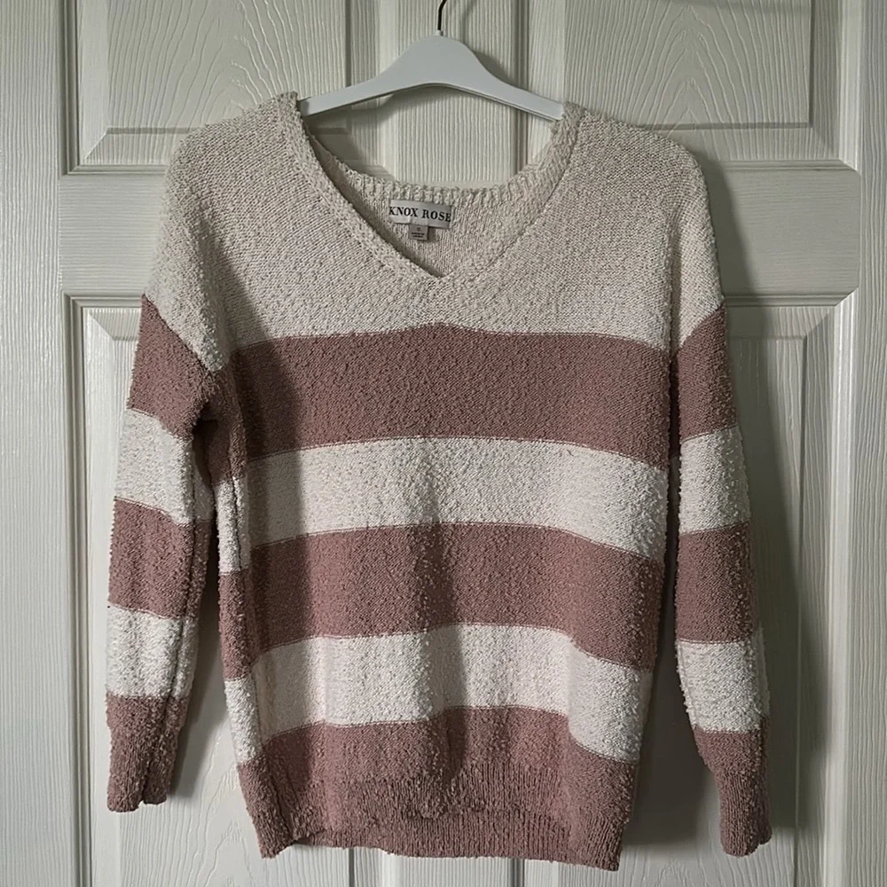 KNOX ROSE Pink/Cream V-Neck Sweater Size Small NC0145